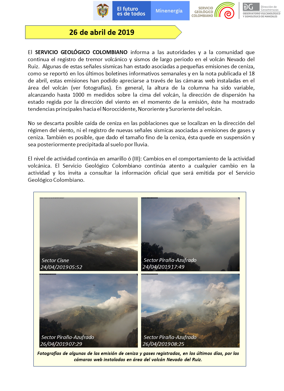 Emisión de ceniza del Volcán Nevado del Ruiz, el 26 de abril de 2019