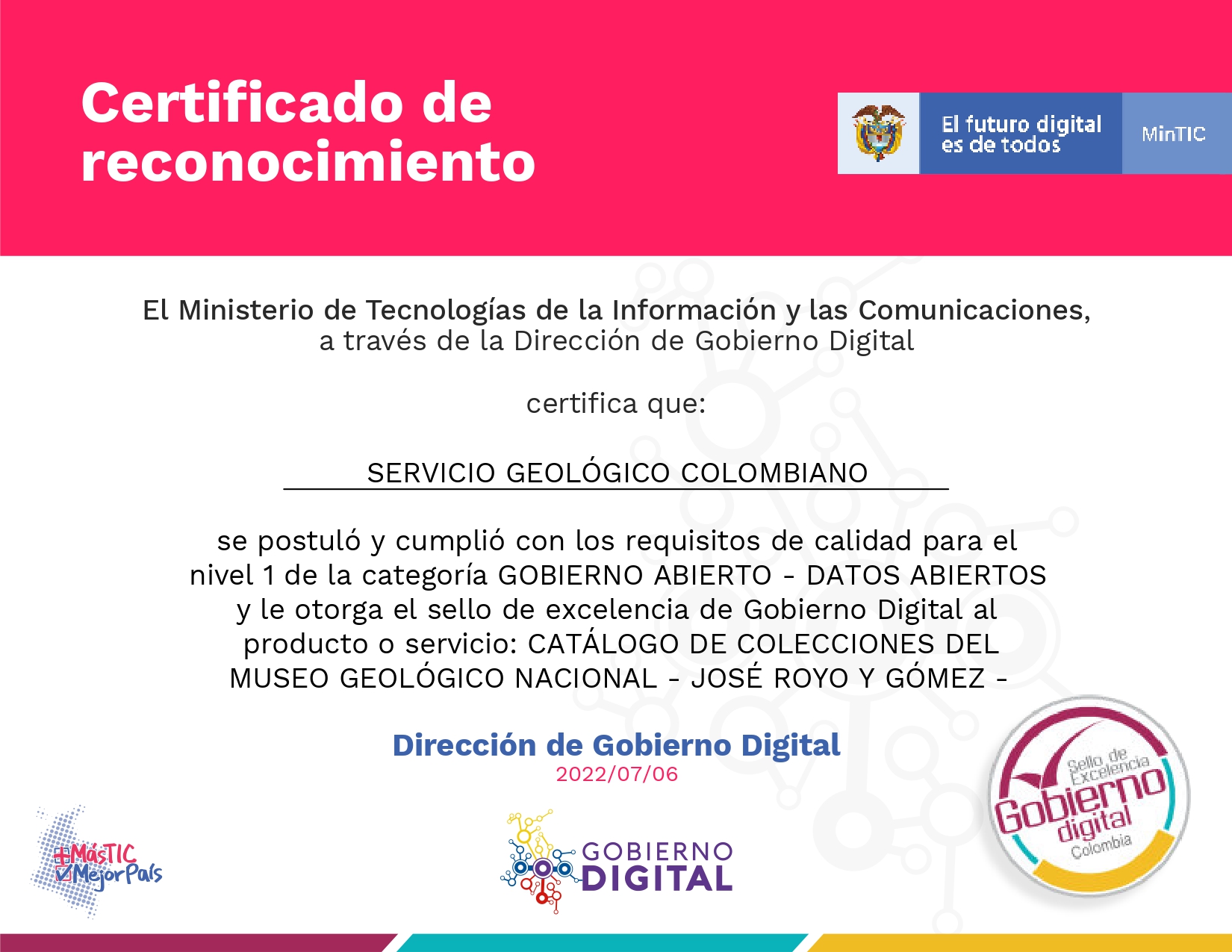 Certificado sello de excelencia Gobierno Digital otorgado al SGC