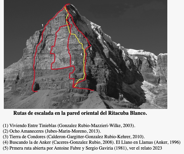 Rutas de escalada en la pared oriental del Ritacuba Blanco