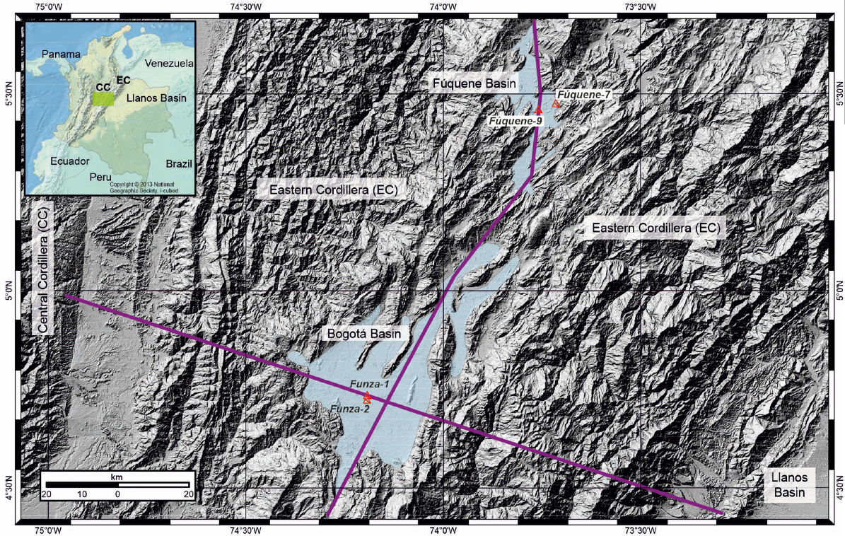 Ubicación de los registros sedimentarios en la sabana de Bogotá. Tomado de Hooghiemstra, H., Sarmiento Pérez, G., Torres Torres,