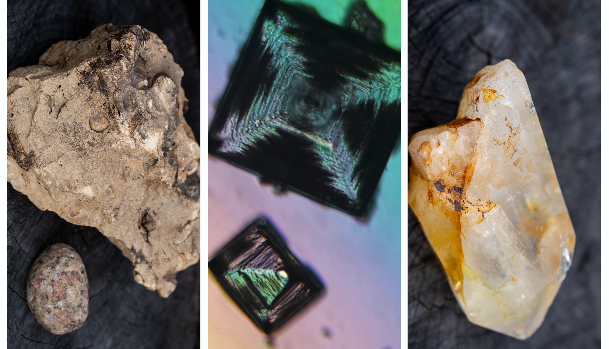 roca a la izquierda; un cristal visto, en microscopio, en el medio, y un mineral, en este caso un cuarzo, a la derecha