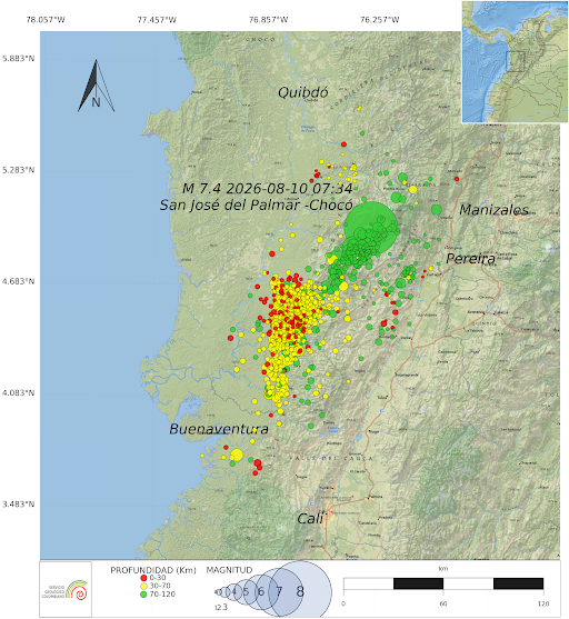 Distribución espacial de la sismicidad registrada a partir del sismo de magnitud 7,4 del 10 de agosto de 2026.