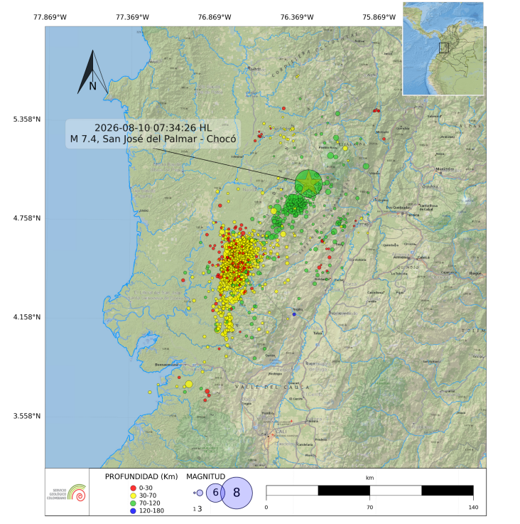 Distribución espacial de la sismicidad registrada a partir del sismo de magnitud 7,4