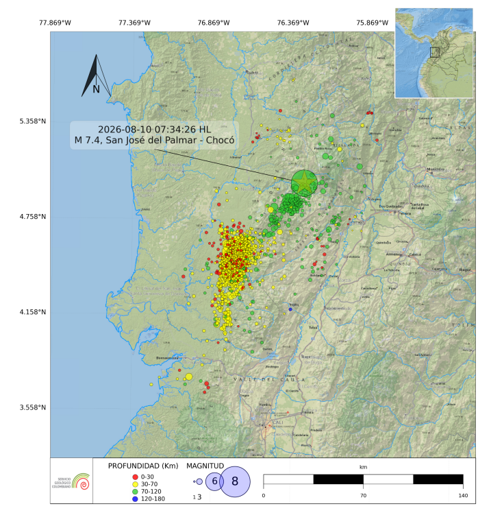 Distribución espacial de la sismicidad registrada a partir del sismo de magnitud 7,4 del 10 de agosto de 2026.