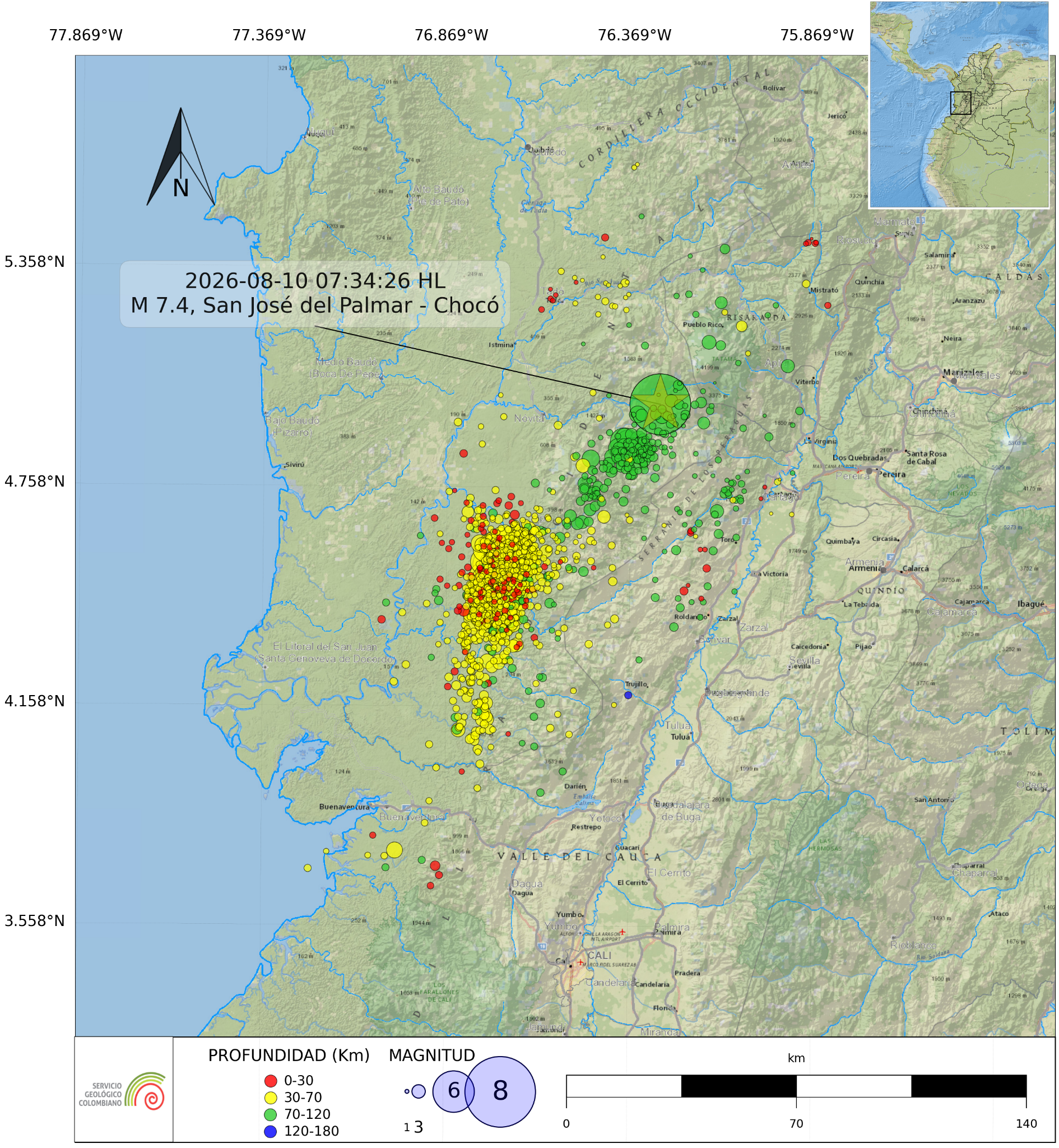 Distribución espacial de la sismicidad registrada a partir del sismo de magnitud 7,4 del 10 de agosto de 2026