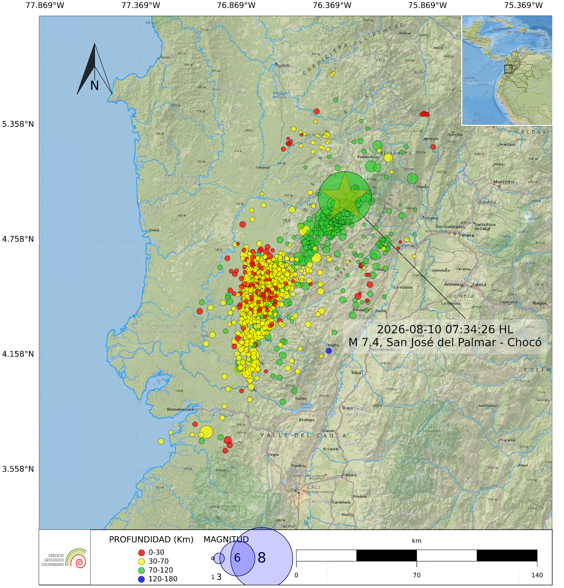 Distribución espacial de la sismicidad registrada a partir del sismo de magnitud 7,4