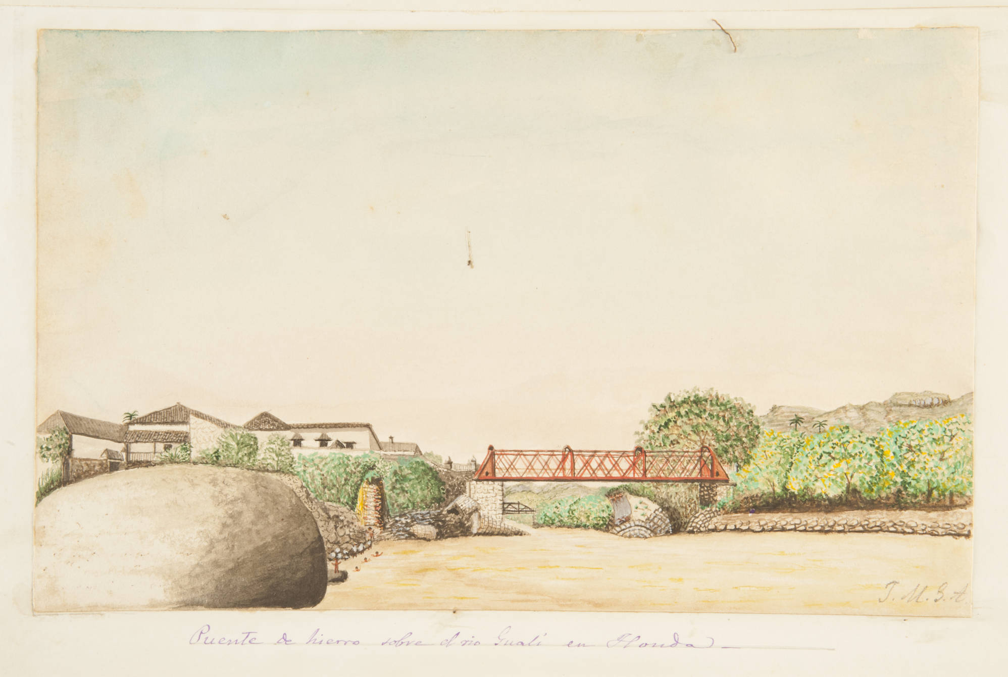 Ilustración del antiguo puente sobre el río Gualí años después del sismo de Honda en 1805. Se observan las ruinas del antiguo pu