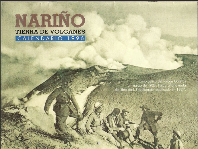 El segundo de izq. a der. era Enrique Martínez, abuelo de Diego Gómez, sentado en la cima del volcán Galeras.