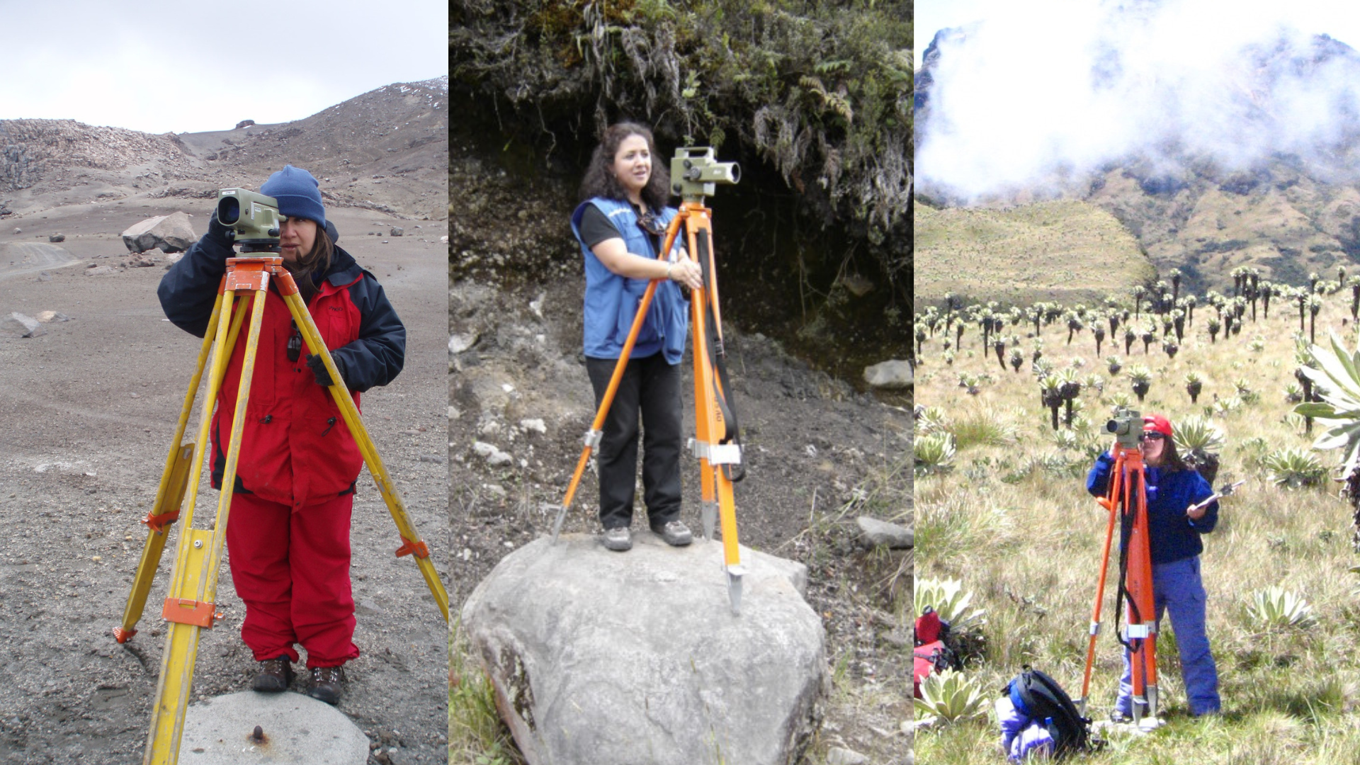 Lourdes Narváez tomando medidas de deformación en los volcanes Nevado del Ruiz, Galeras y Cumbal.