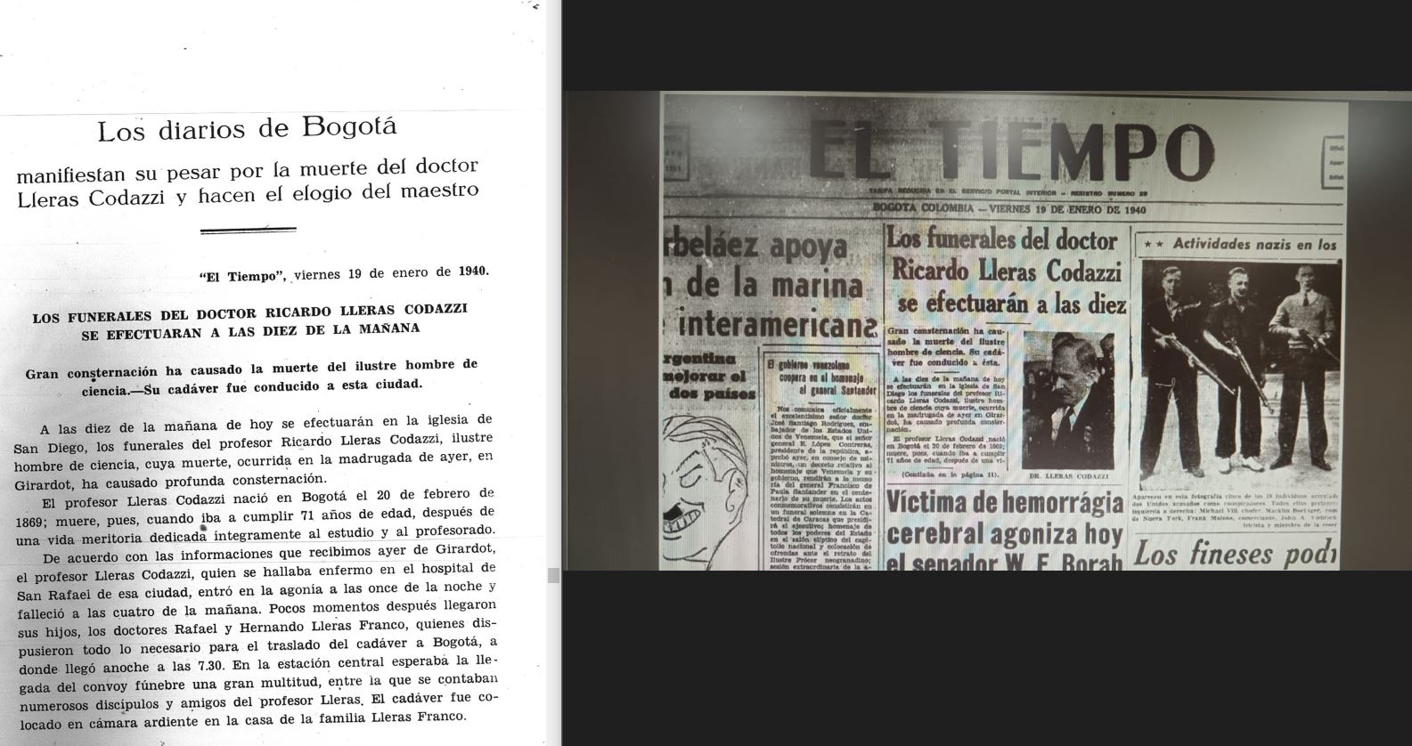 Noticia del periódico El Tiempo y Anales de Ingeniería relacionadas a Ricardo Lleras Codazzi