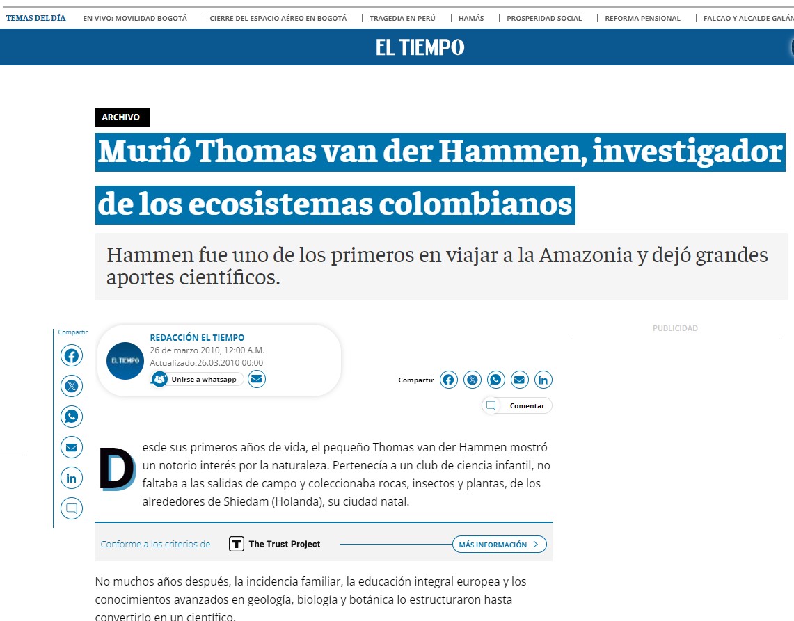 Noticia fallecimiento Thomas van der Hammen