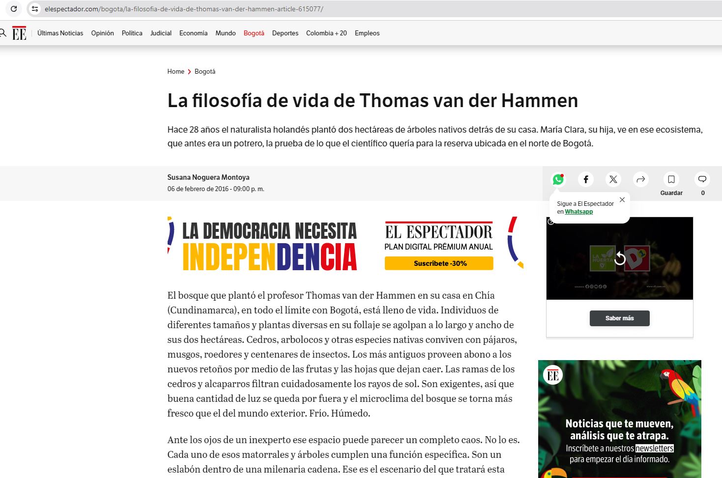 Murió Thomas van der Hammen.  Periódico El Espectador