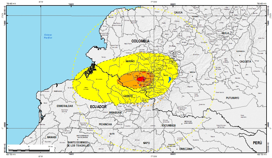 Mapa de amenaza volcánica por caída de piroclastos transportados por acción de los vientos