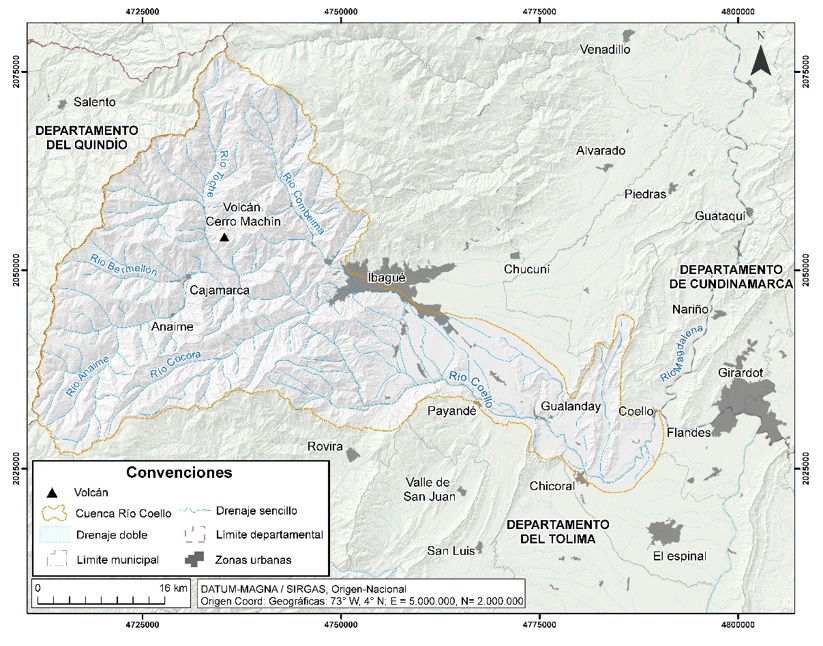 Sistema de drenajes en el volcán Cerro Machín